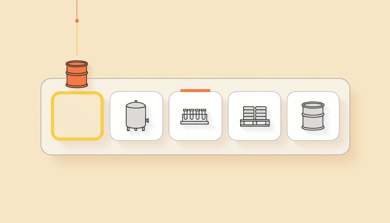 A calm editorial illustration of a single production line shown as a row of rounded schedule slots holding iconic plant objects — a stainless reactor, a tray of vials, a pallet, and a drum — with one more batch being lowered into the open slot along a yellow-to-orange guide, in Neewee's warm cream and yellow palette.