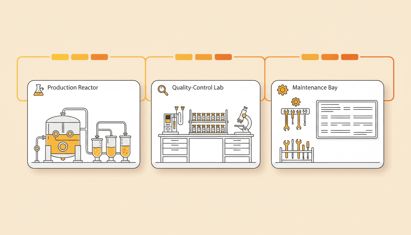 A line illustration of a cGMP pharma plant with Production, Quality Control, and Maintenance schedules shown as three tracks converging on a single synchronised timeline, cleaning and QC-hold activities highlighted in brand orange