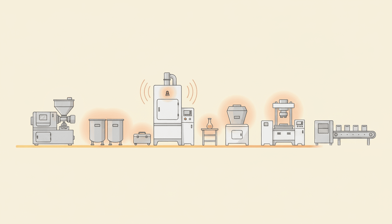 Side view of a tablet production line with the fluid bed dryer stopped, and a soft orange ripple reaching only the equipment, materials, QC sample and maintenance cart it affects