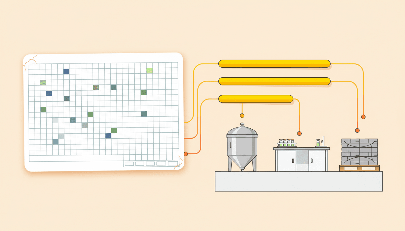 A warm, editorial illustration of a faded static spreadsheet grid on the left resolving into a live, colour-coded production schedule on the right, whose thin yellow-to-orange routing lines connect to a reactor vessel, a lab bench with sample vials, and a material pallet, in Neewee's quiet enterprise style.