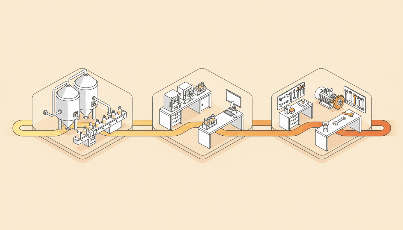 A warm stylized cutaway of one process plant split into three working zones, production vessels, a QC lab bench, and a maintenance bay, with a single yellow-to-orange schedule ribbon threading through all three to tie them into one shared plan.