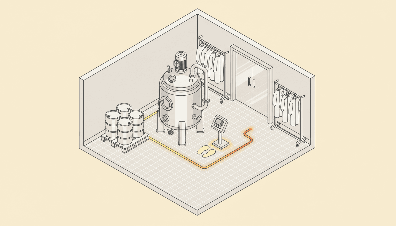 Isometric cleanroom suite with a released reactor and staged materials ready to run, and the operator position beside it empty