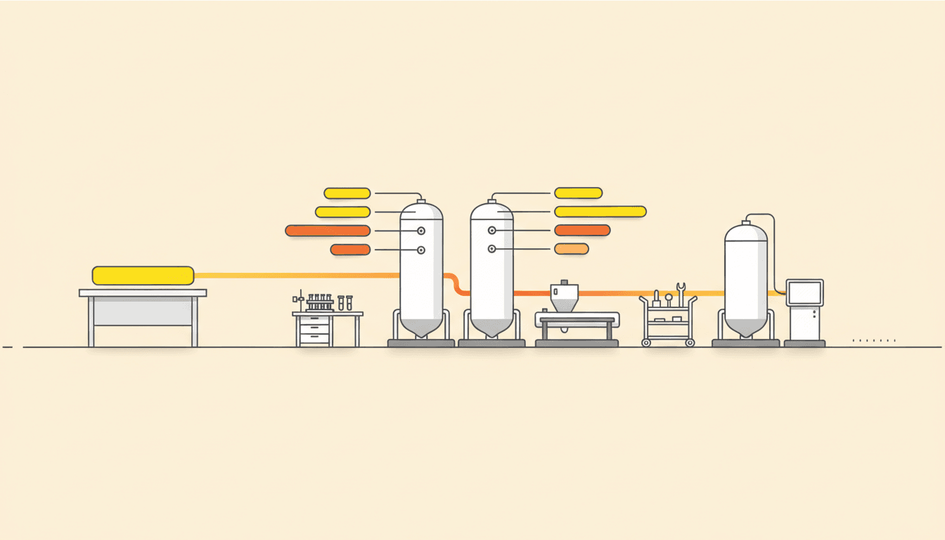 One continuous schedule signal crossing a stylized process plant: a single coarse yellow demand block at a planning desk on the left, resolving in the centre into short discrete yellow and orange schedule bars attached to two reactor vessels and a filling line, then continuing right as small execution ticks on a floor terminal.