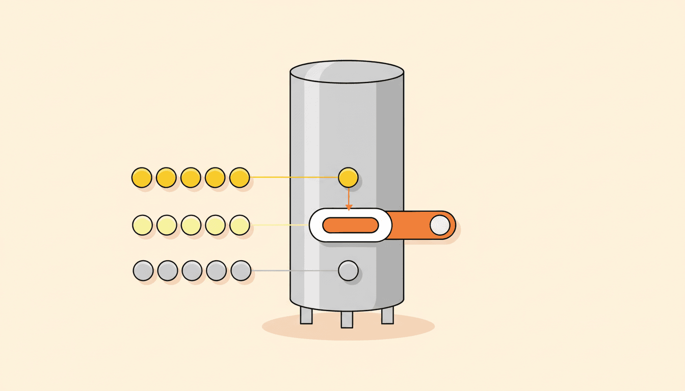 Three colour-coded streams of client batches converge on a single shared stainless reactor with only one open schedule slot