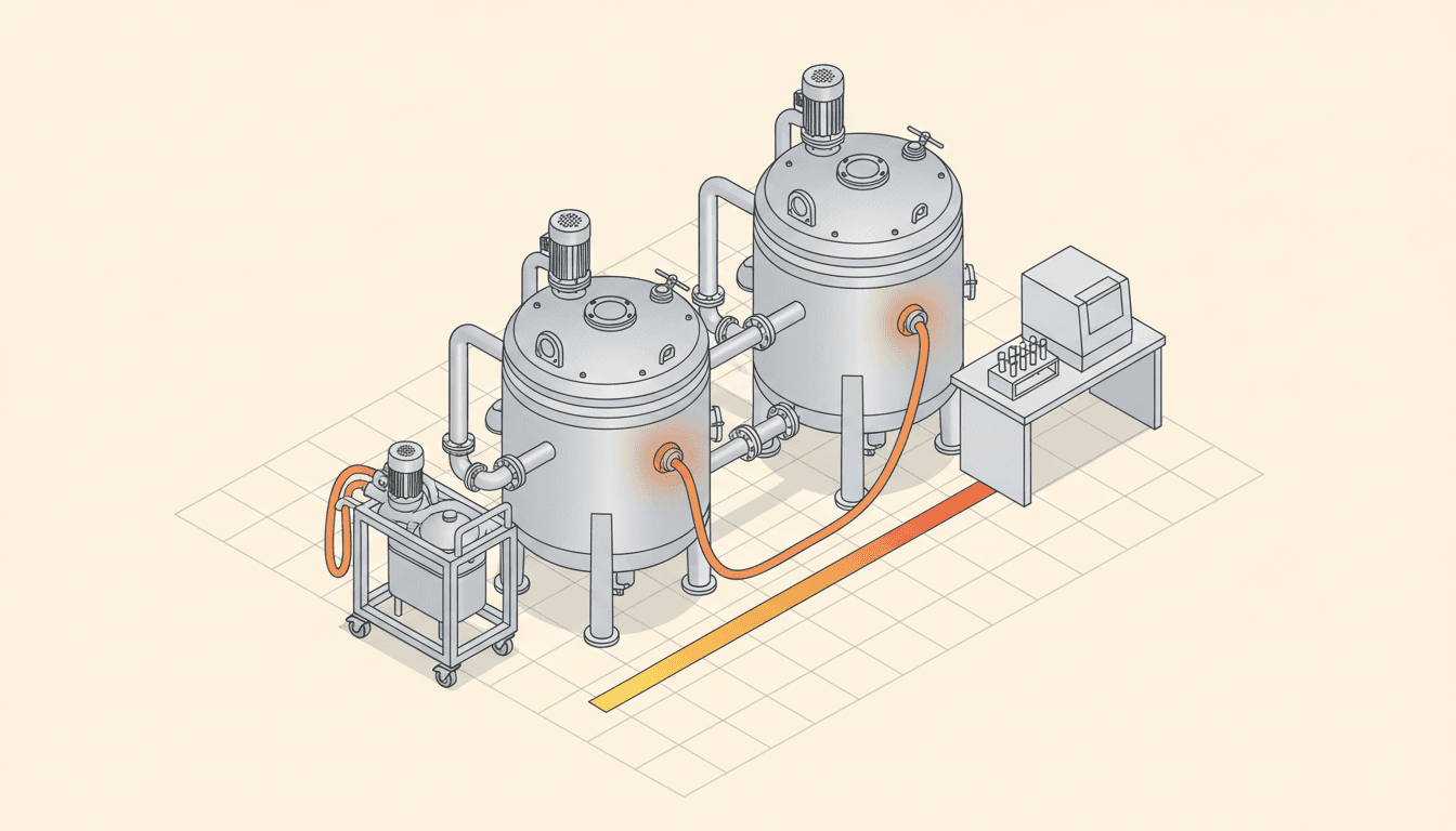 Isometric pharma suite with a CIP skid connected to a vessel between two batches
